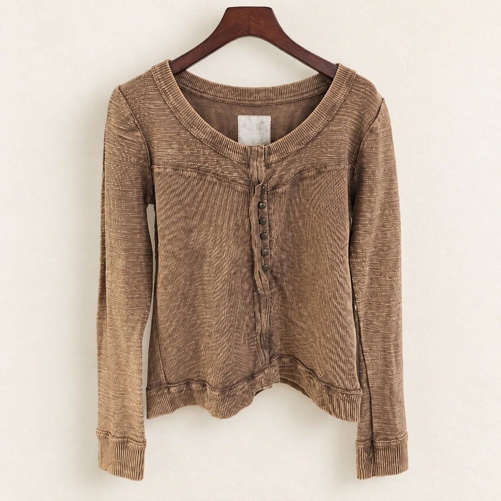 We The Free Free People Mineral Wash Ribbed Henley Pullover Top Small Boho Brown